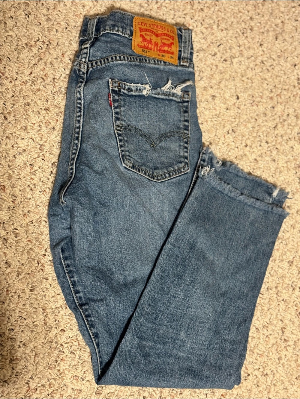 Levi's Medium Blue Straight-Leg Jeans with Frayed Hem